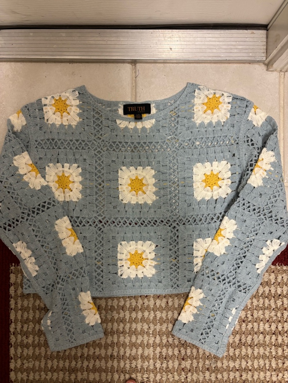 Truth Crochet Crop Top in Light Blue, White & Yellow